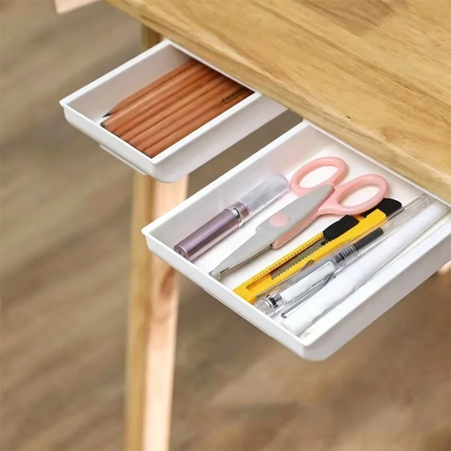 1Pc Hidden Drawer under the Table for Storing Items Without Drilling Holes Square Creative Storage Device. Desk-Mounted Adhesive