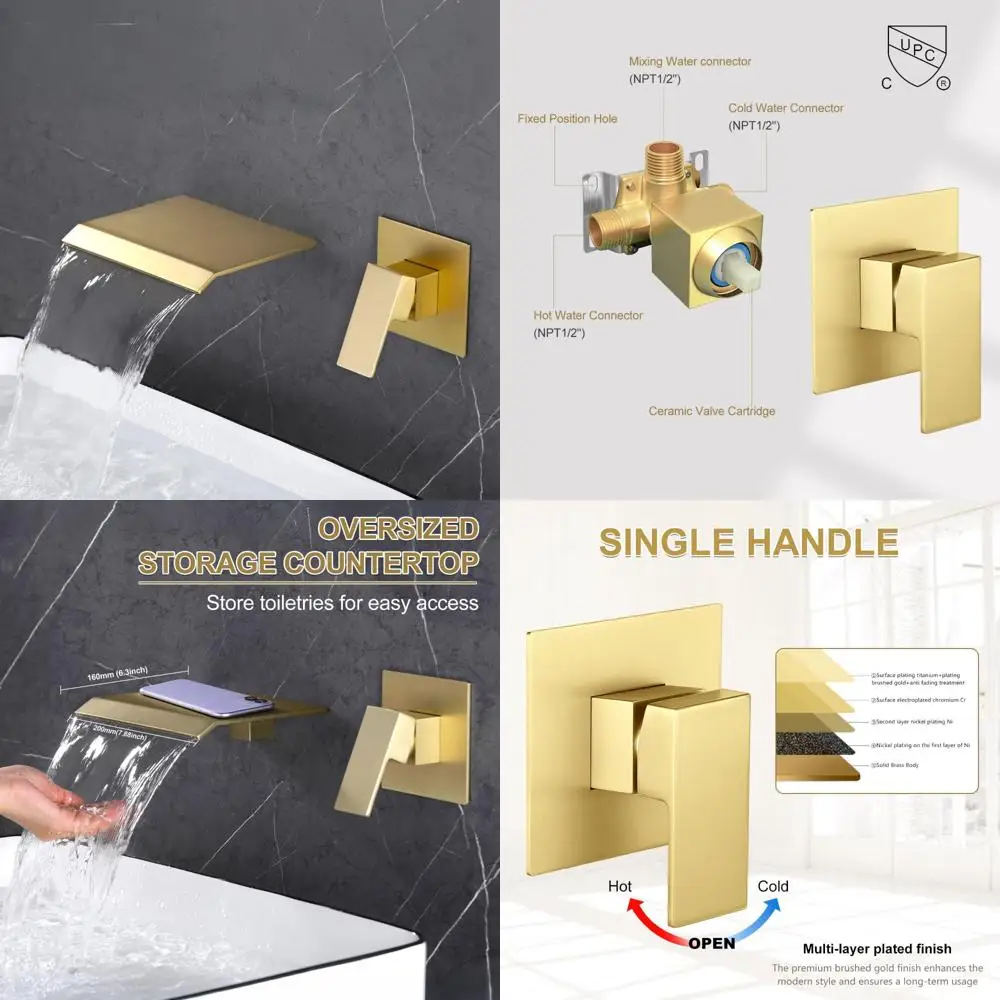 

Wall-Mounted Waterfall Basin Spout Faucet, Single Handle Vessel Mixer Tap, Brushed Gold Finish, Modern Bathroom Sink Mixer