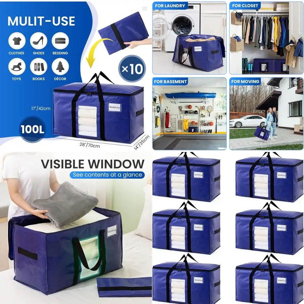 

10 Pack XL Dark Blue Heavy-Duty Moving Bags with Clear View Window and Convenient Handles for Space-Efficient Storage