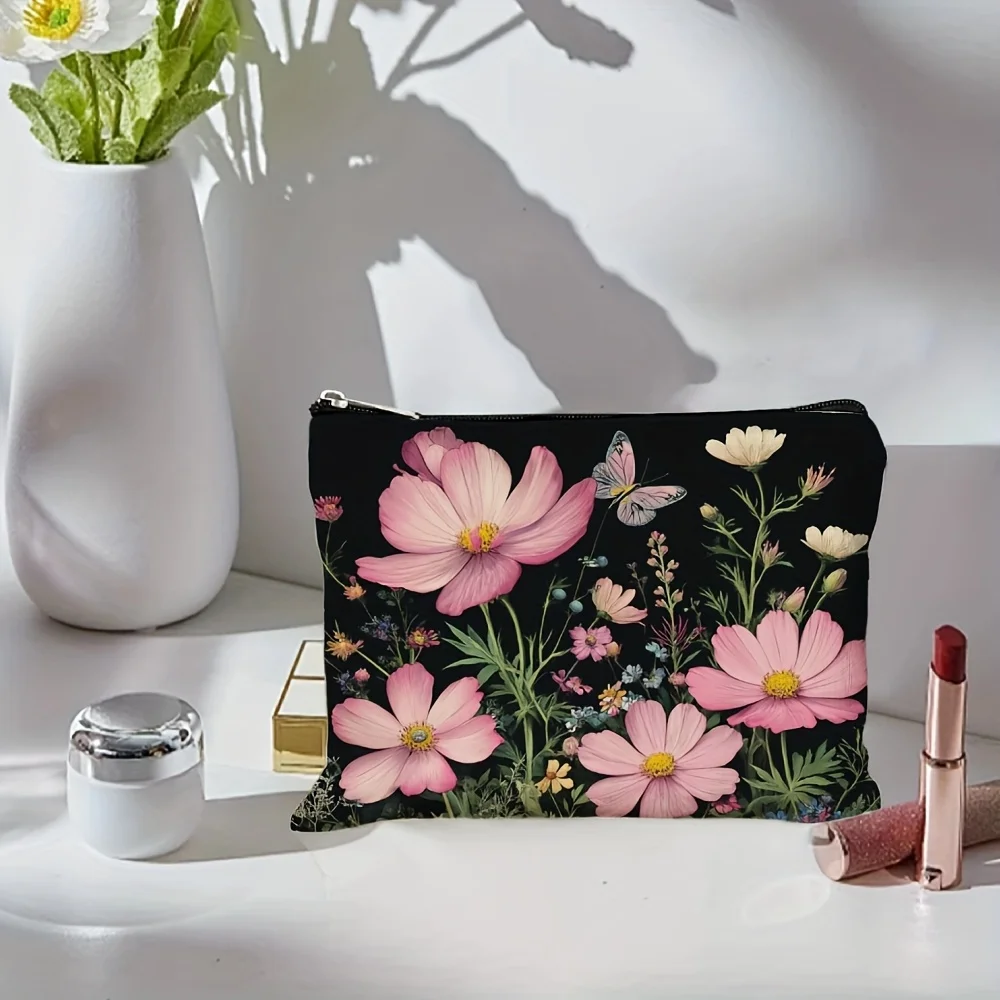 Un sac de maquillage à motifs floraux - pochette multifonctionnelle à fermeture éclair, sac de rangement de bijoux, petit sac de rangement à fermeture éclair de voyage parfait.