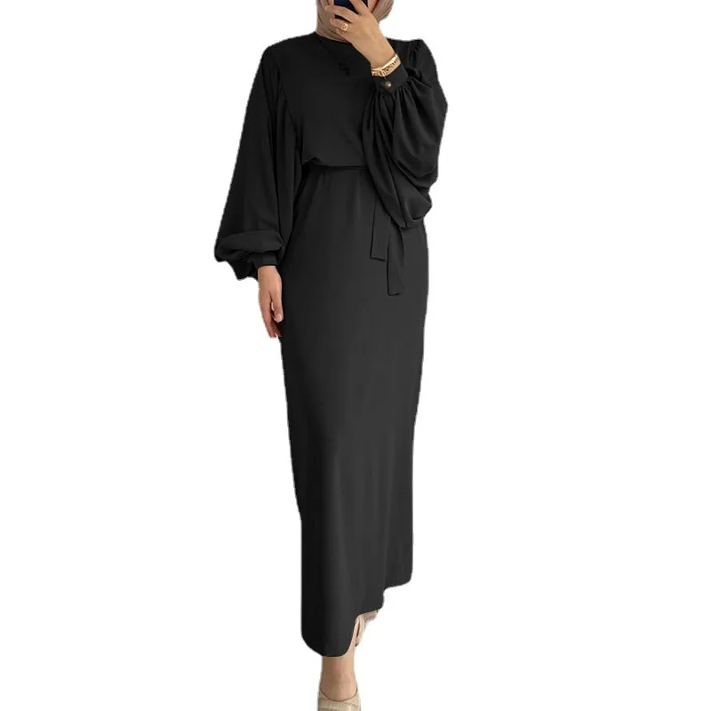 Muzułmańska sukienka damska Abaya Malay Fashion Lantern Sleeve Bundle Waist Wrap Hip Round Neck Robe