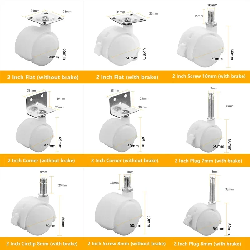

Лот, белый 2-дюймовый плоский стопорный винт 7/8 мм, универсальная стойка для хранения на колесах, стол, мебель, шкив, шкаф, витрина, колесика для кроватки, 4 шт.