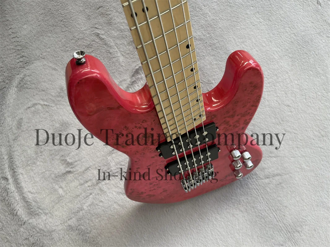 Pink Electric Bass 5-string bass Maple fingerboard ash body Burl top single bridge active battery case