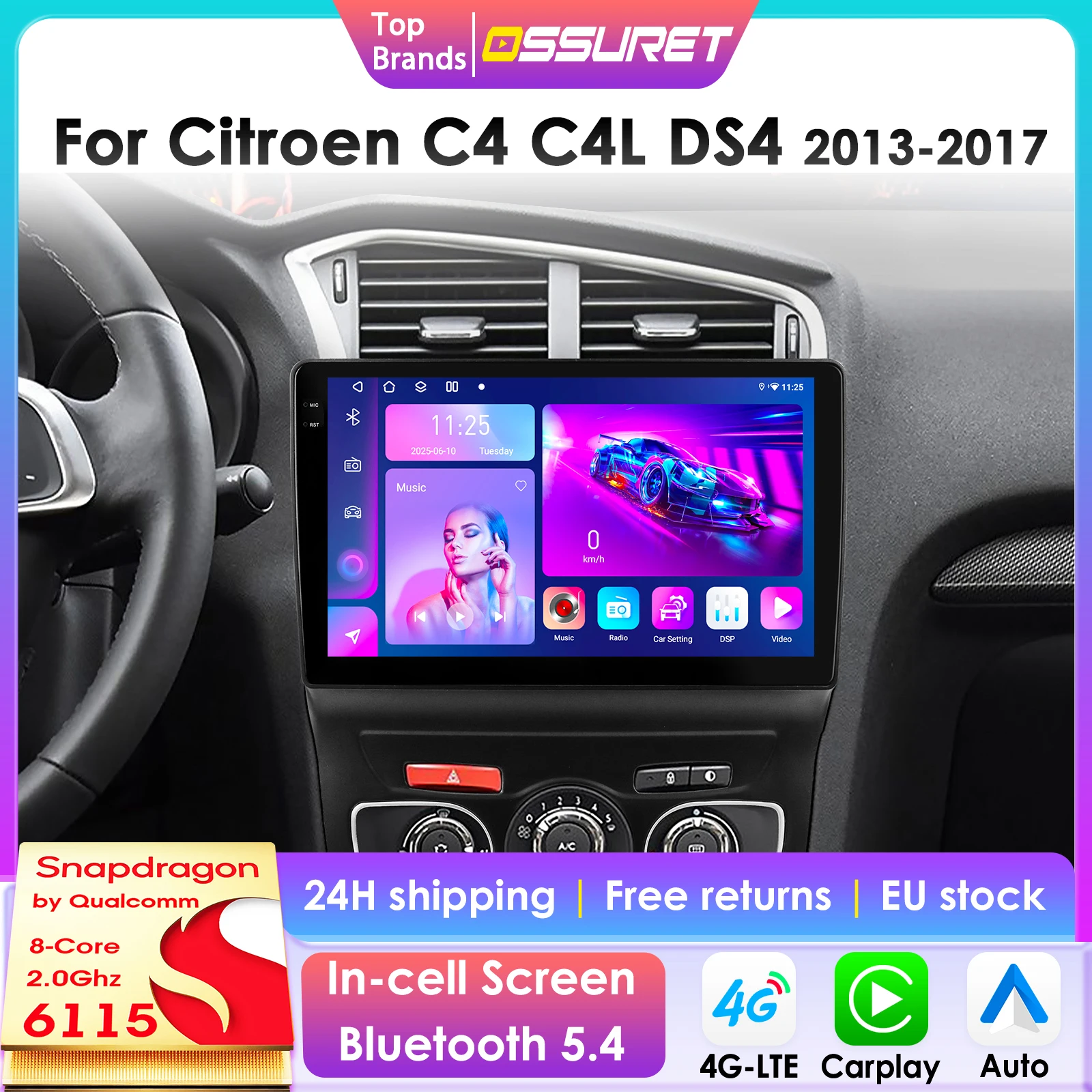 360Camera Android 13 Auto Radio Voor Citroen C4 C4l Ds4 2013-2017 Auto Multimedia Gps 4G Carplay Intelligent Scherm 2din Autoradio