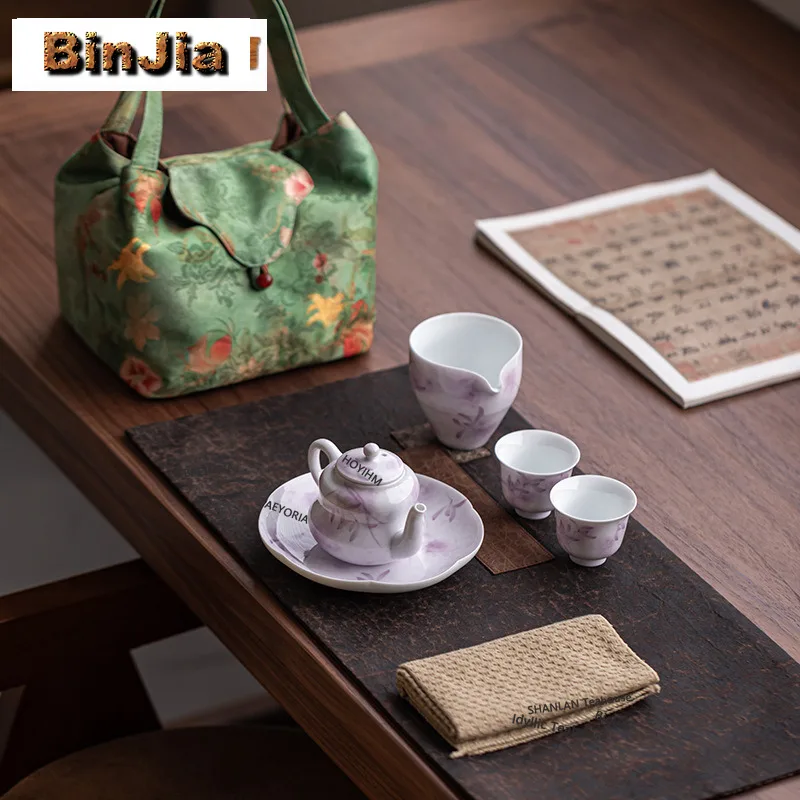 BAEJORIA Hand Drawn Purple Orchid Travel Tea Set Kit Vintage 1 Pot 2 Cups Tea Maker Organizer Portable Picnic Tote Bag Teaware