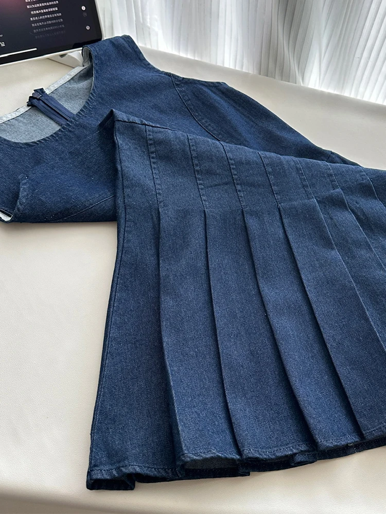 Summer Women Old Money Korean Vintage Sleeveless Denim Dress Korean Pleated Frocks O-Neck One-Piece 2000s Aesthetic Party