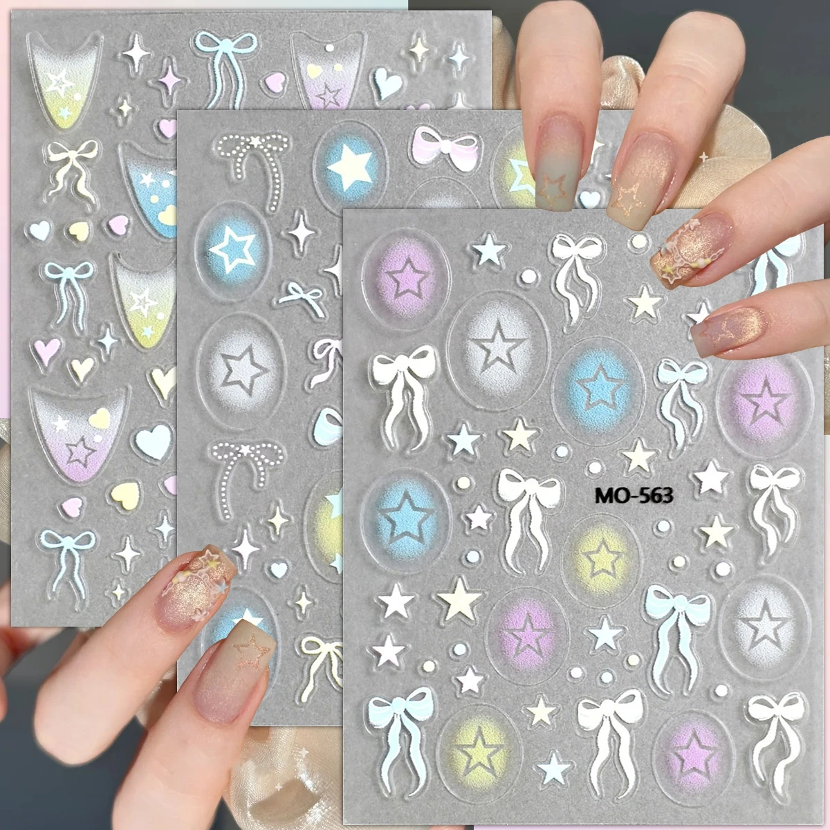 

3/6/12 Sheets 5D Jelly Star Bow Nail Stickers Pastel Nail Art Decals Self Adhesive Cute Nails Decorations