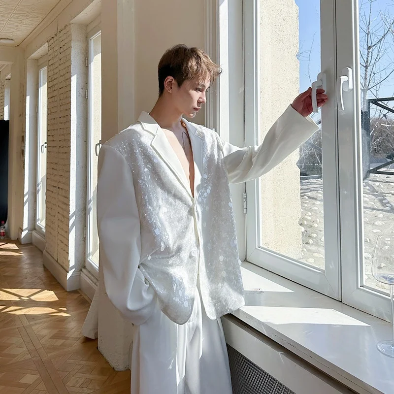 

Мужской костюм свободного кроя с пайетками, весна 2025, повседневный, в уличном стиле, с длинным рукавом, классическим воротником, на двух пуговицах