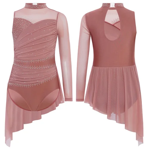 Imagen 2 del producto Vestido de baile lírico de Ballet para niñas, disfraz de actuación de patinaje artístico, leotardo con falda asimétrica superpuesta de malla fruncida con diamantes de imitación