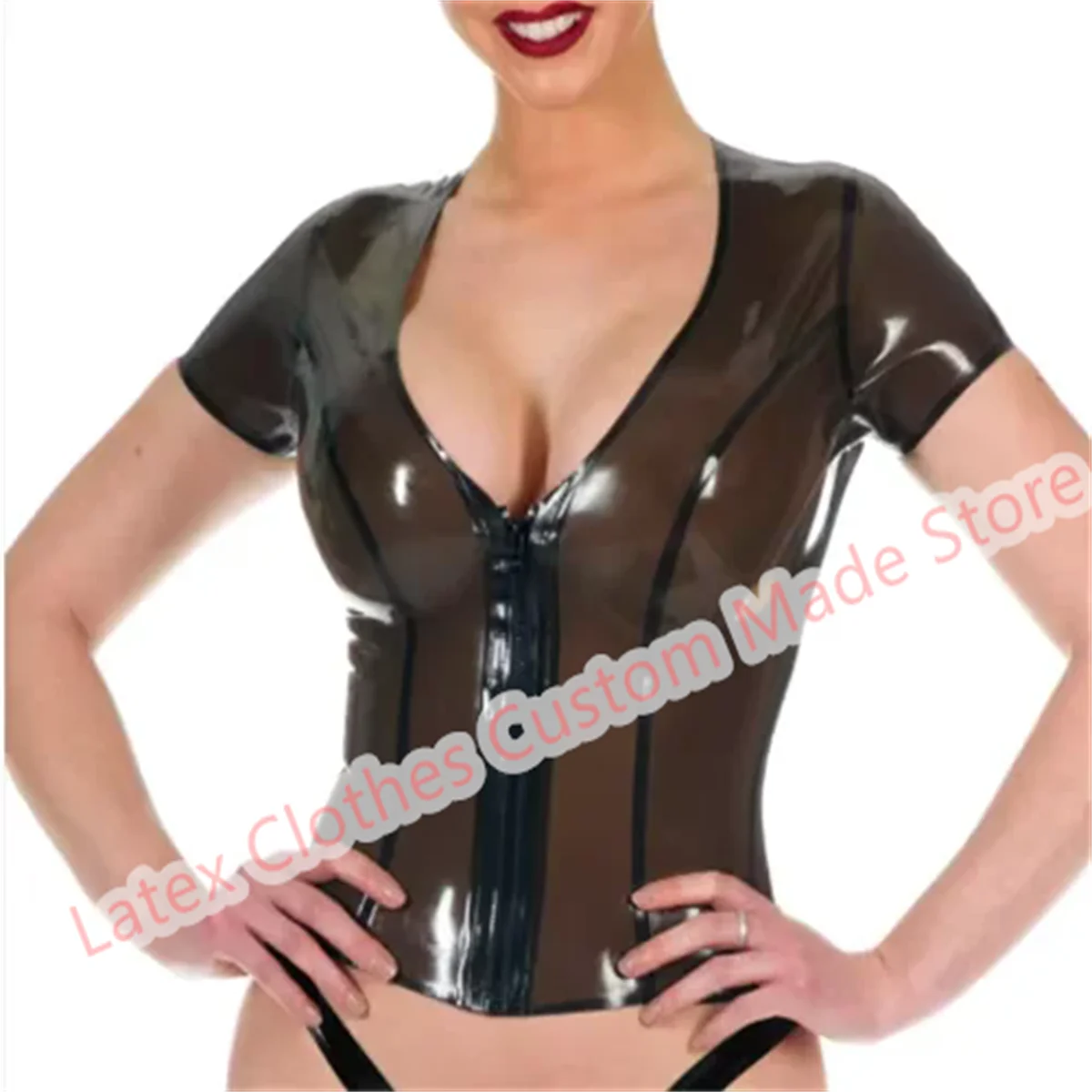

Latex Tops T-shirt Rubber Club Transparent Black Sexy Shorts Sleeve V-neck T-shirts