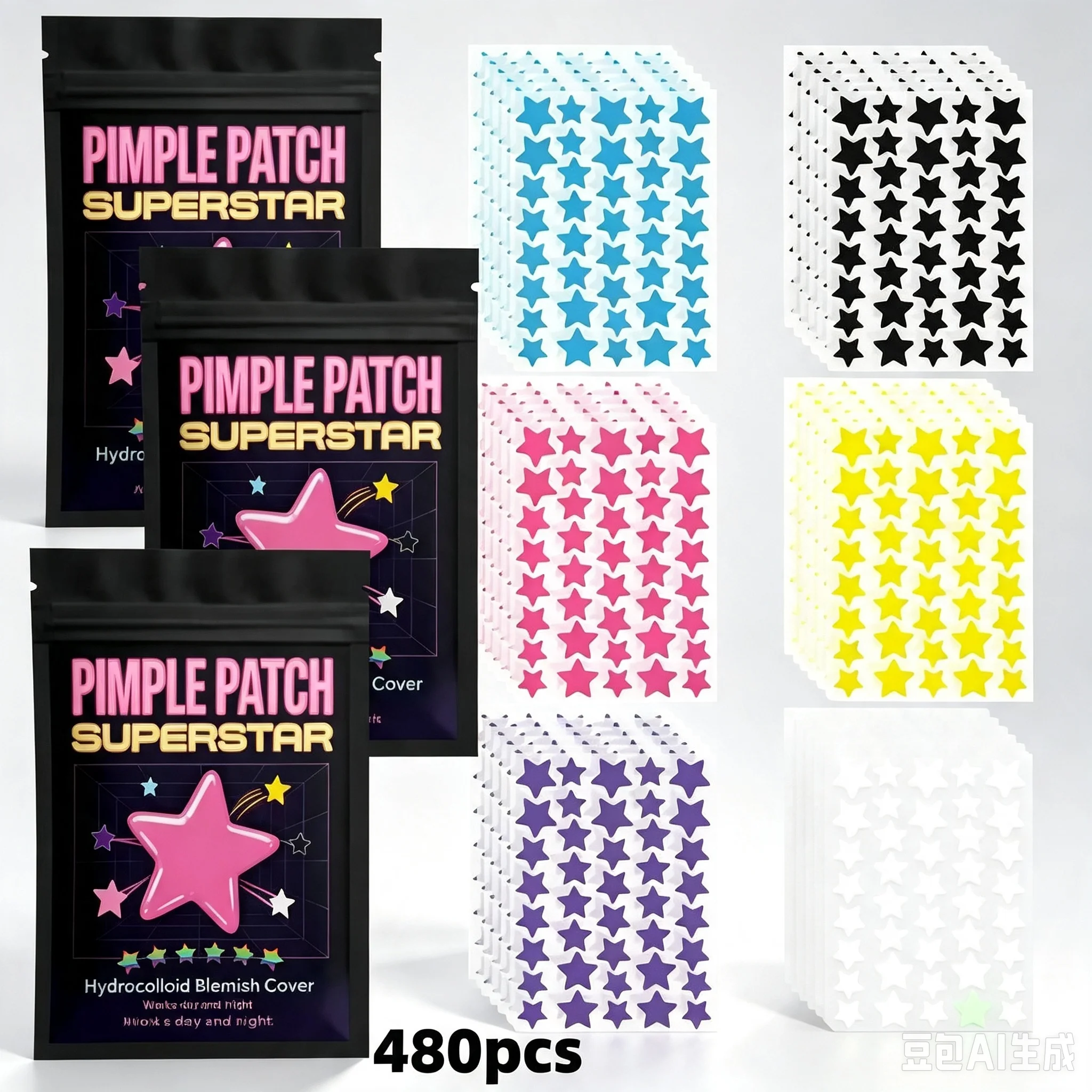 480pcs Multi Color Star Acne Patches Ultra Thin Facial Pimple Patches Concealer Acne Treatment
