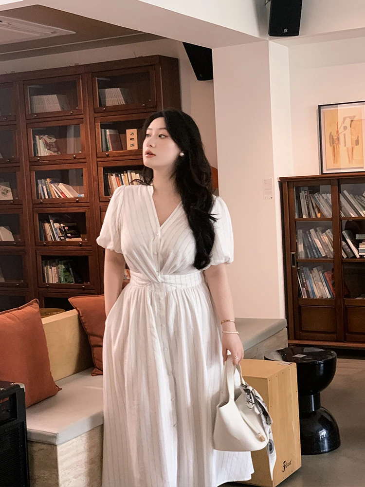 

Свободное хлопковое платье миди с V-образным вырезом для полных женщин, в полоску, с пуговицами, А-силуэт, повседневное летнее платье