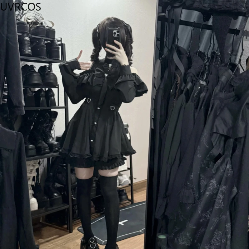 اليابانية القوطية Y2k لوليتا نمط القوس فستان مجموعة تي شيرتات قصيرة للأطفال النساء الدانتيل الكشكشة قبالة الكتف زر قمصان فستان الحلو سليم فستان الحفلات