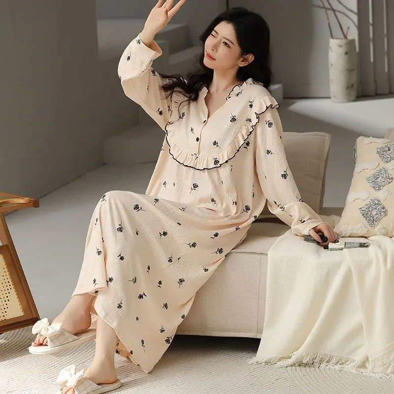 Nightgown Women Long Sleeve Dresses Big Size Long Nightgown Kawaii Clothes Cotton Pajamas Loungewear Night Gown for Women