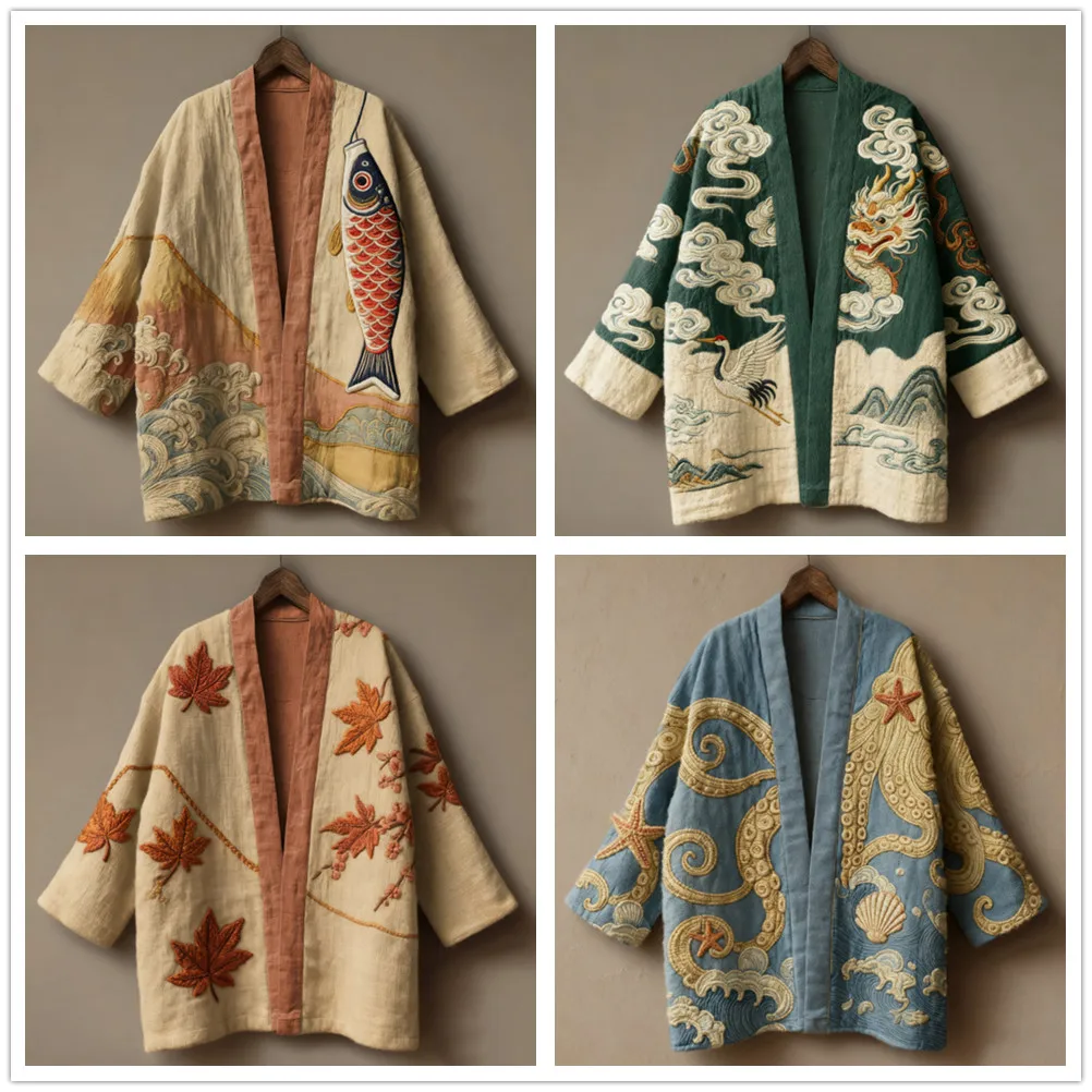 

Men's Summer Wave Carp Pattern Kimono Cardigan Women's Japanese Traditional Clothing Plus Size Printed Beach Coat
