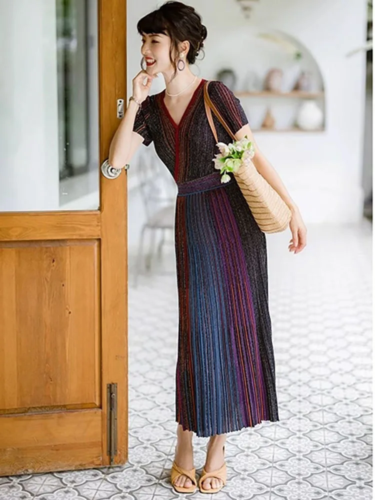 DEAT Women's Fashion Dress V-neck Long Sleeve Medium Strech High Waist Pleated Rainbow Causal Dresses Autumn 2024 New 13DB3641