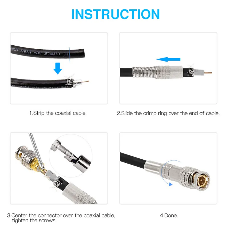 BNC JR-B25 Male conector sem solda para câmera CCTV, Security System Kit, com fio, 5pcs, 10pcs