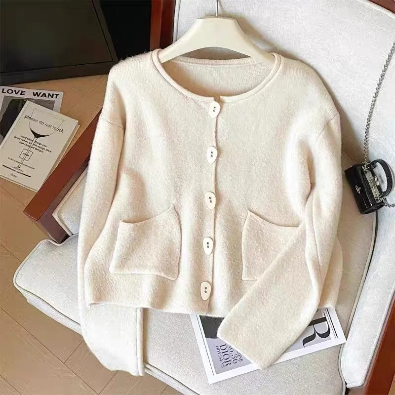 

Spring Autumn Outerwear Round Neck Solid Color Knitted Sweater Women Korean Lazy Style Loose Long Sleeve Versatile Cardigan