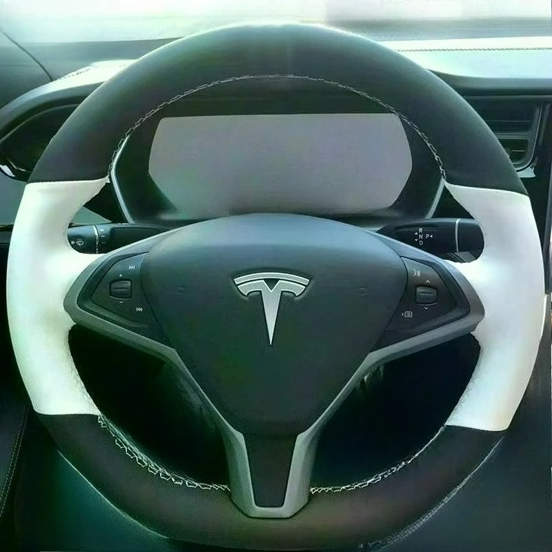 

For Tesla Model S 2009-2018 Model X 2012-2018 Hand Stitched black white Genuine leather wear-resistant car Steering wheel cover