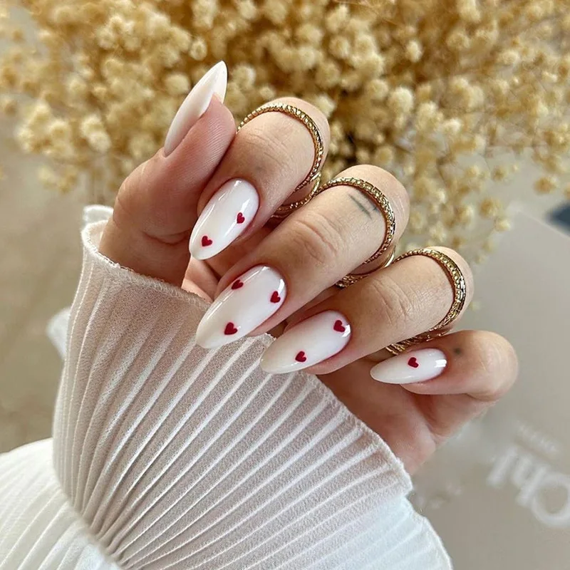 

24 PCs Long Almond Shaped French Heart Nails with 1 Jelly Gel and 1 Nail File