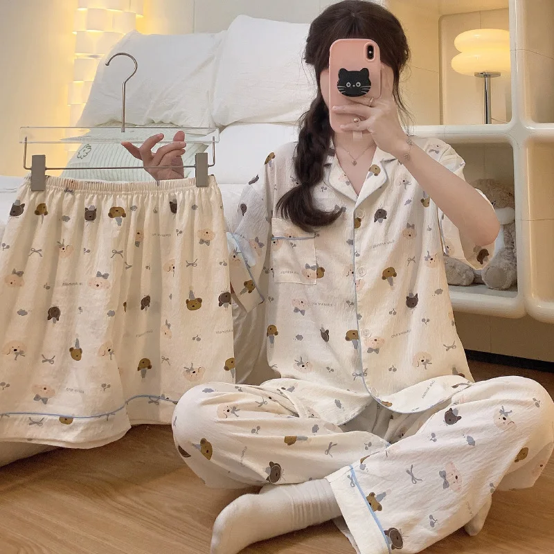 New Summer Ladies Pajamas Homewear Three-Piece Cloud Cotton Lazy Wind Cute Bear Puppy Printed Pajamas Loose Homewear Set