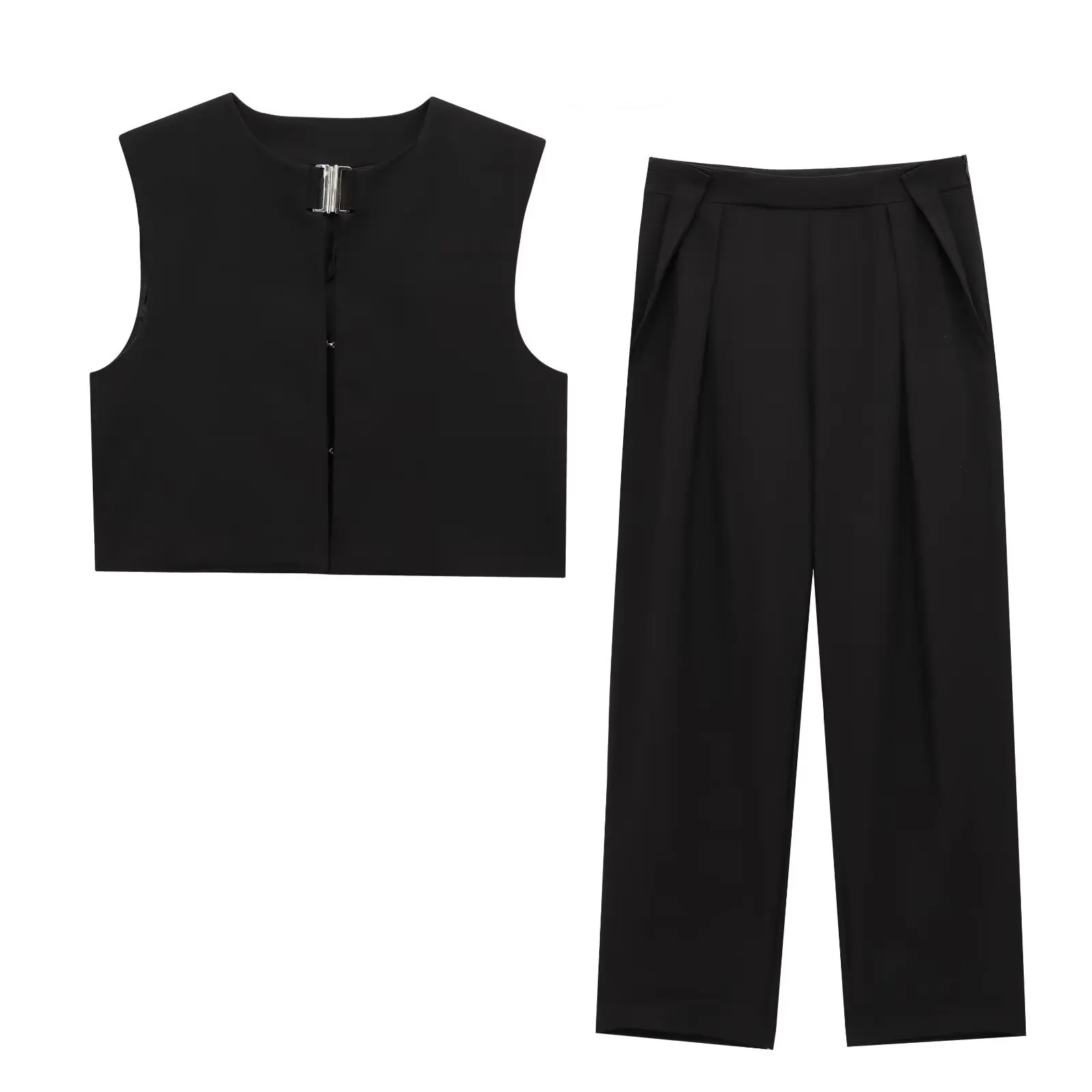 

Chic Tank Top And Wide Leg Pant Set Black Women Suit 2025 New Summer Outfits V-neck Vest Long Trouser Fashion Office Lady Suit