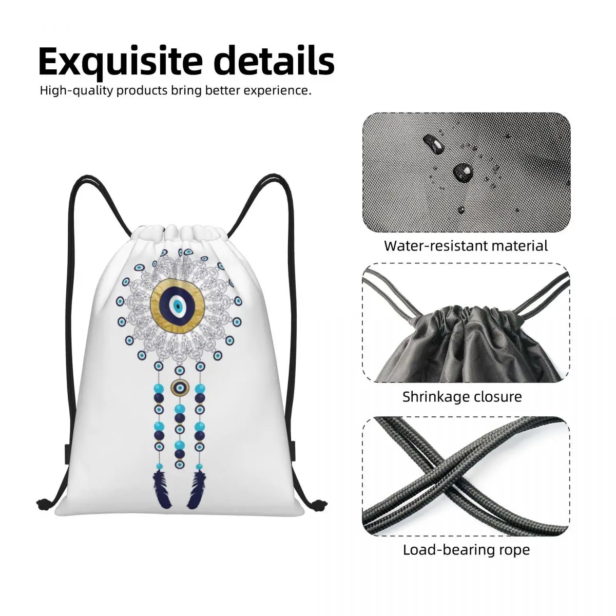 Boho Chic Evil Eye Mandala Dream Catcher Drawstring Backpack Gym Sport Sackpack Foldable Hamsa Nazar Bohemian Training Bag Sack