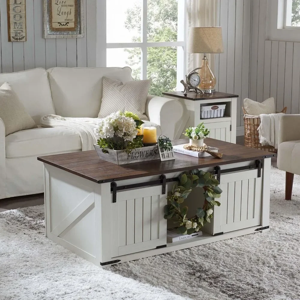 

48" Lift Top Coffee Table - Farmhouse Cocktail Table with Sliding Barn Door Groove - Rustic Wood Center Table with Double