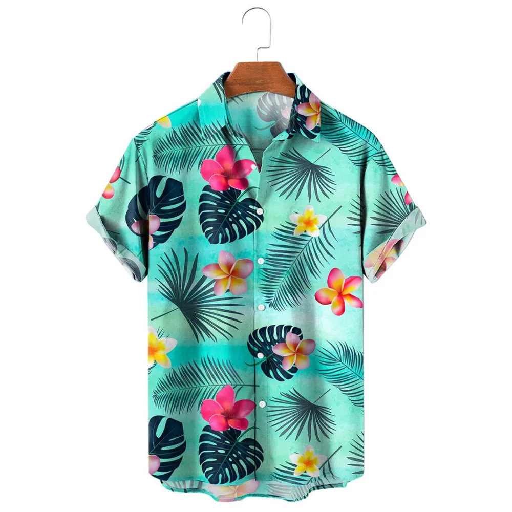 

HX Fashion Men's Shirts Hawaii Hibiscus Leaves 3D Printed Casual Shirt Summer Beach Shirt Camisas Men Clothing