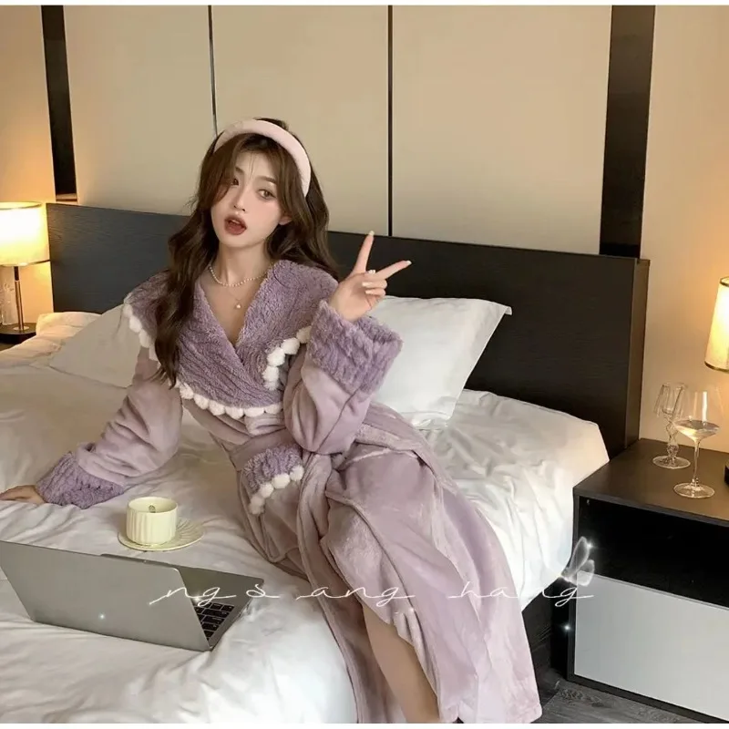 Fall Winter 2026 New Pajamas Female Internet Celebrity Style Thickened and Velvet Can Be Worn Outside Medium and Long Nightgown