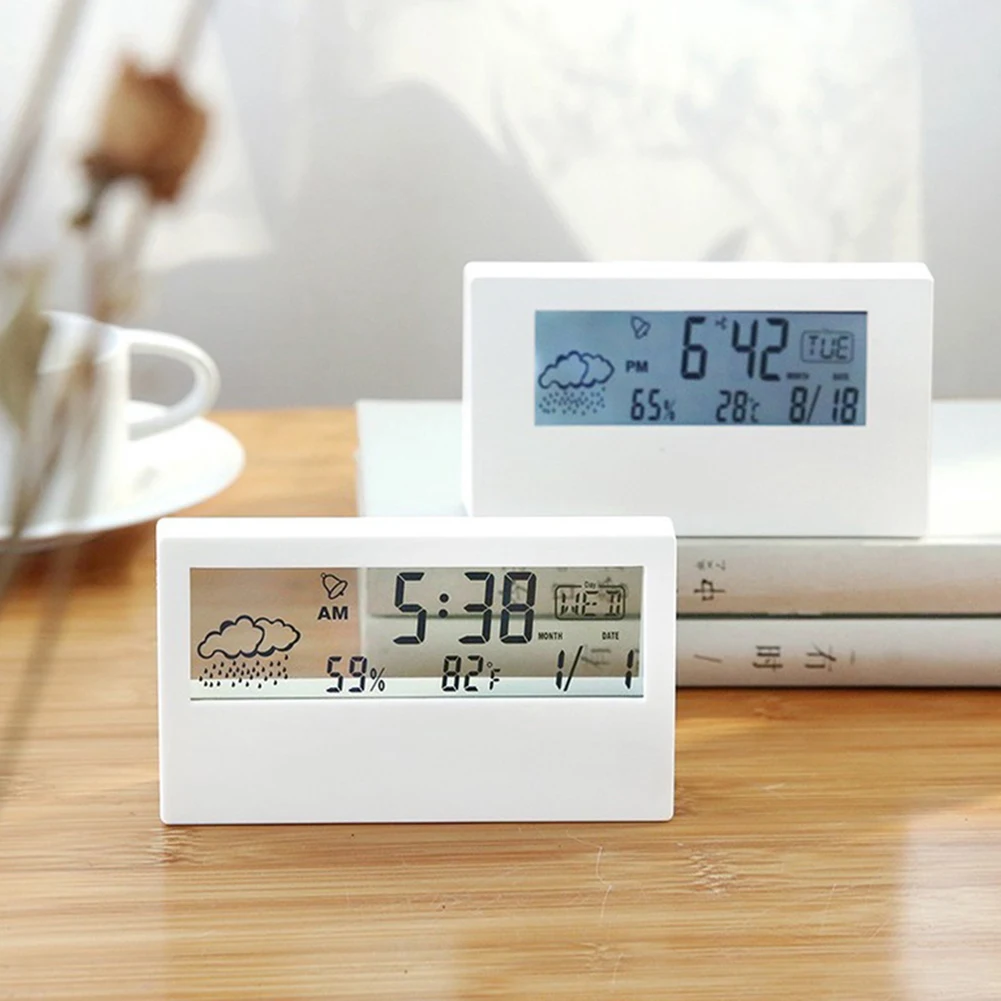 

LCD Electric Desk Alarm Clock Calendar Digital Temperature Humidity Modern Weather Station Alarm Clock Desktop Home Office Decor