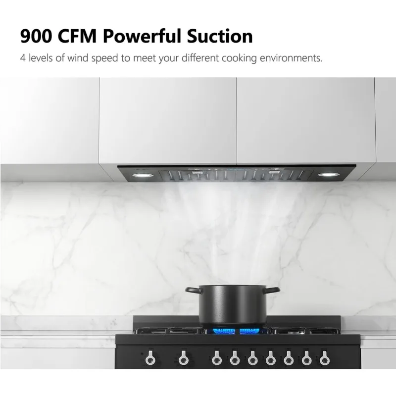 IKTCH 30 inch Black Built-in/Insert Range Hood,900 CFM Ducted/Ductless Stainless Steel Kitchen Vent Hood with 4 Gesture Sensing