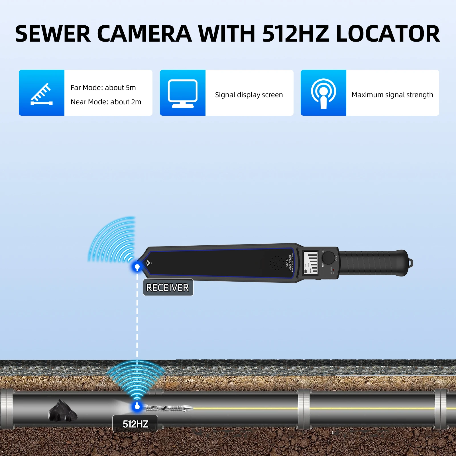 512Hz Receiver Locator Sonde for Sewer Inspection Camera, 5M Range 10H 3000mAh Battery Magnetic Receiver for Endoscope Location