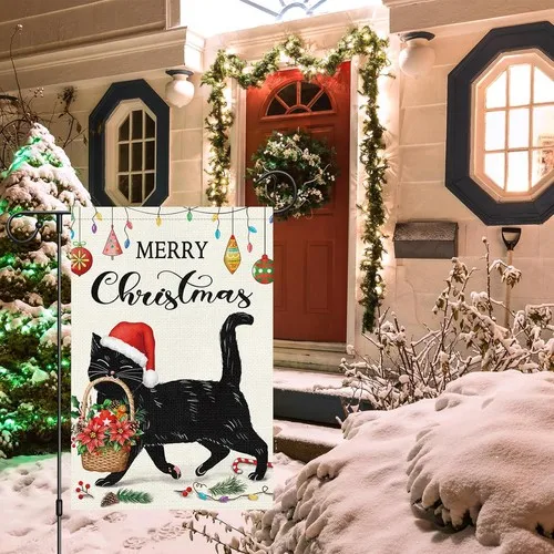Merry Christmas Black Cat Garden Flag Double Sided, Burlap Welcome, 12x18 XXQ