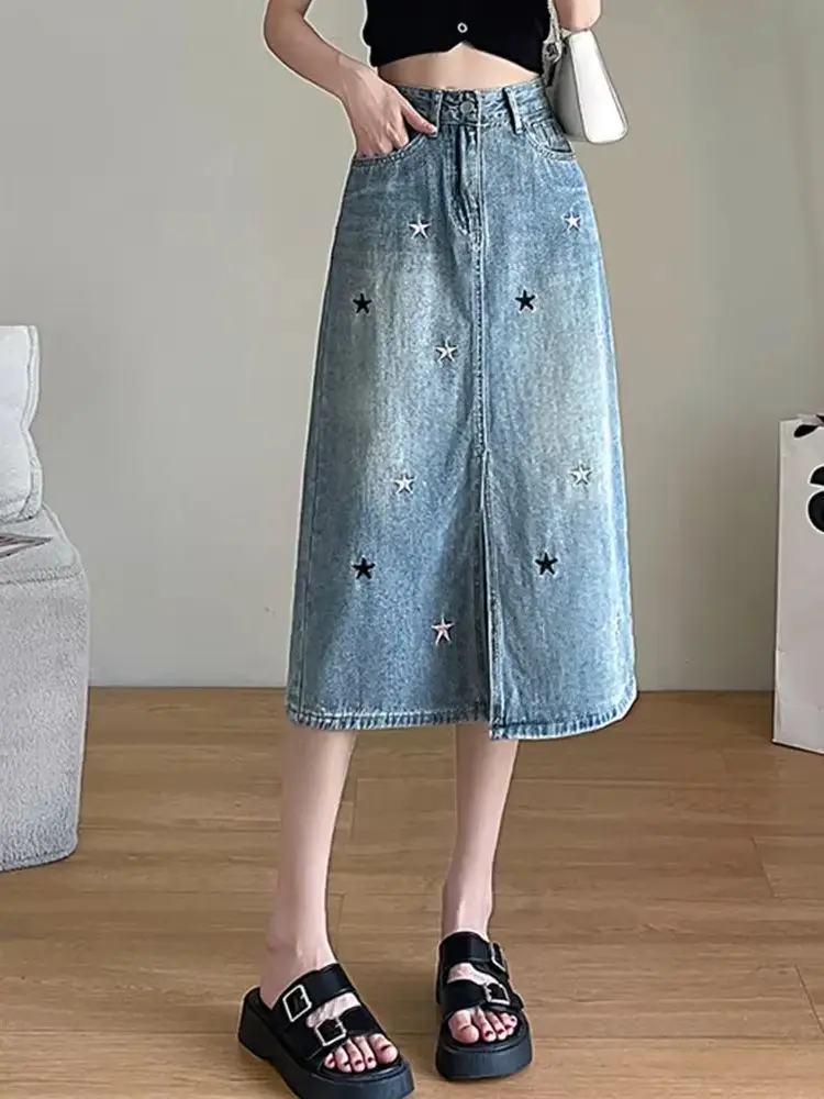 New Chic Split Simple Classic Loose Denim Female Skirt Summer Fashion Embroidery Casual Slim High Waist Xs-2Xl Midi Women Skirts