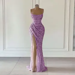 Lilac Pink Sequins Evenig Dresses Women Sexy Mermaid Strapless Split Long Prom Gowns African Girls Formal Occasion Party Dress