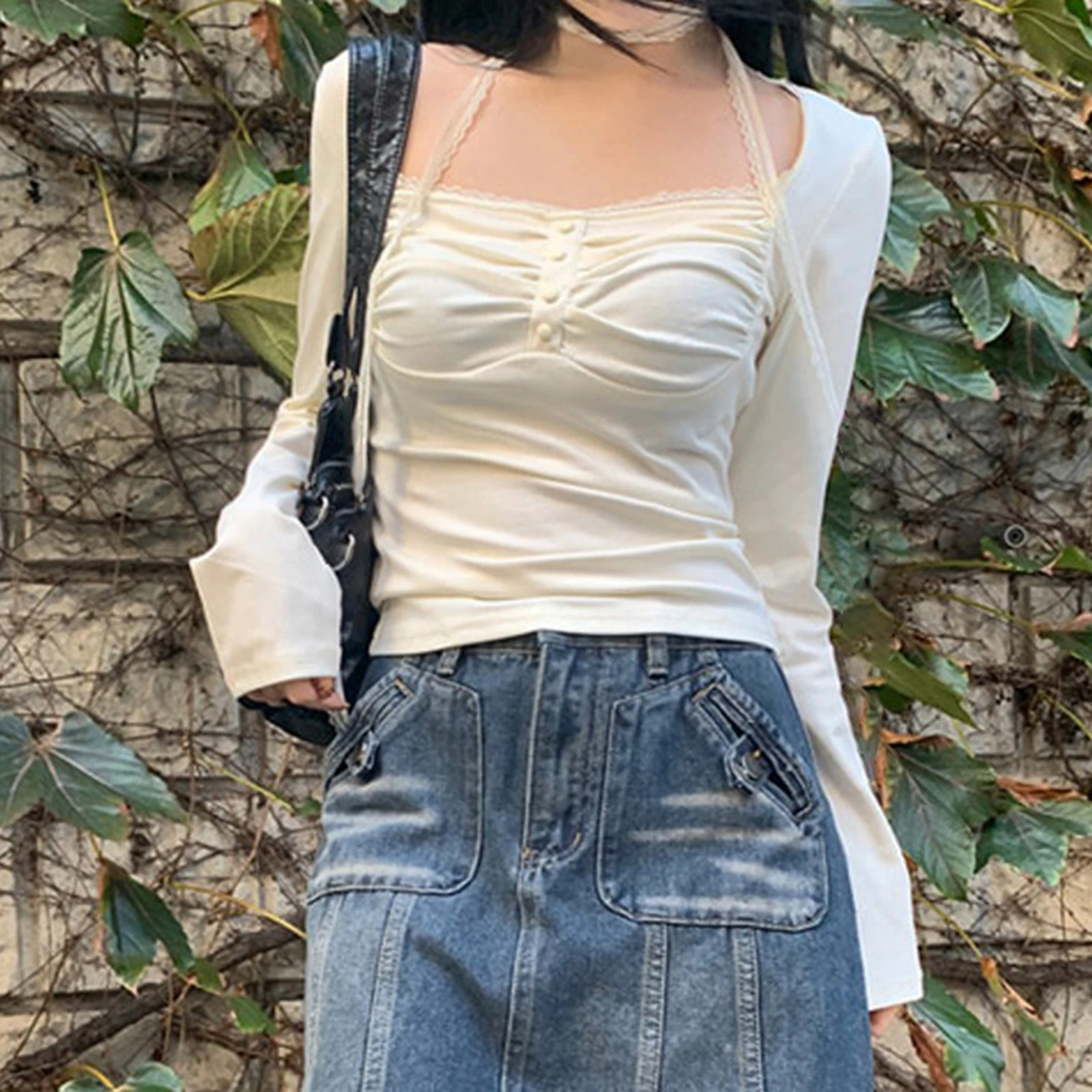 Classic Women's Lace Trim Tops Long Sleeve Square Neck Button Front Solid Color Slim Fit T-Shirts Grunge Blouses