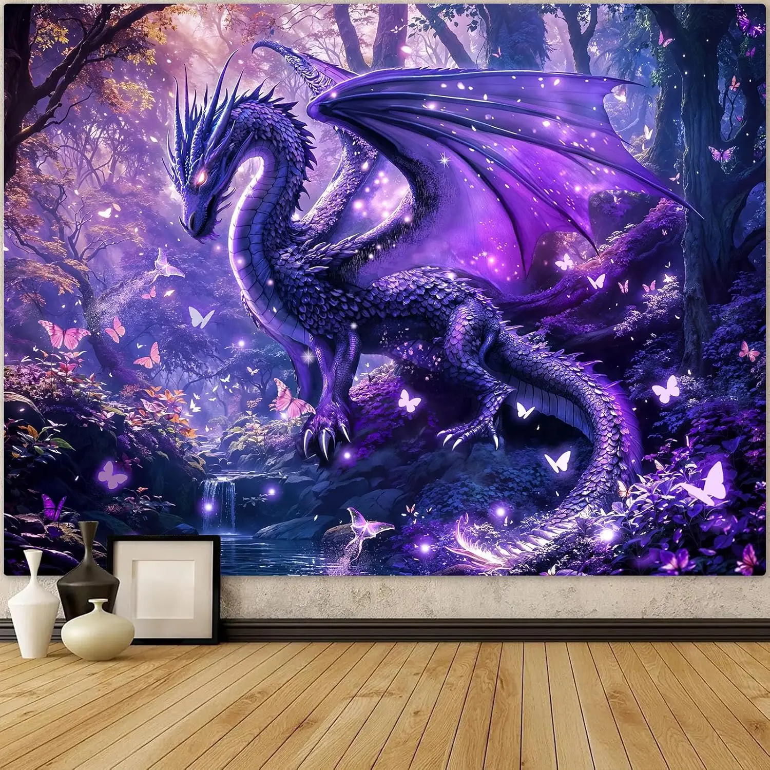 Purple Winged Dragon Tapestry, Enchanted Forest Butterfly Waterfall Mythical Beast Fantasy Wall Cloth For Bedroom Decor