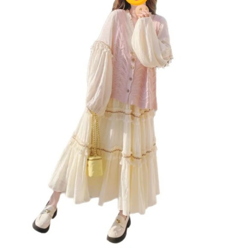 

2026 New Streetwear Lolita Pink Sweet First Love Girl Soft Tassel Casual Long Dress Two-Piece Set Women Spring Fashion Skirt Set