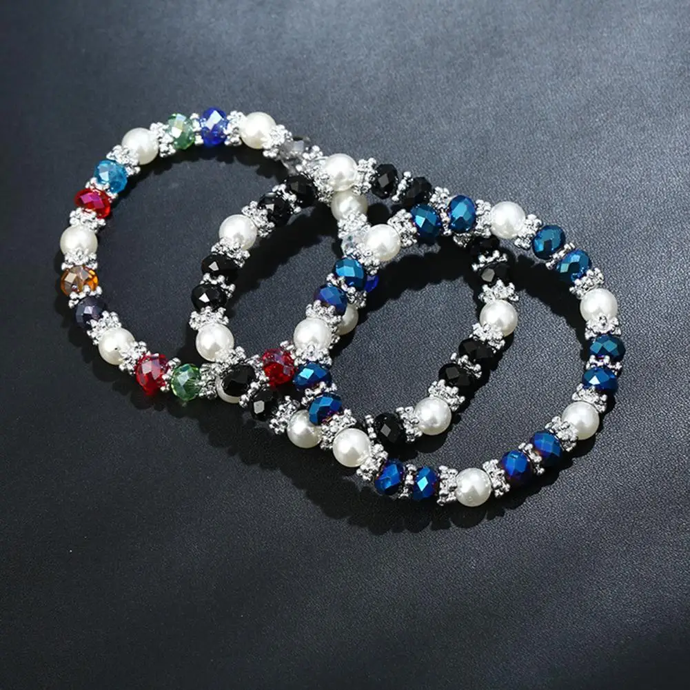 Women Bracelet Faux Crystal Faux Pearl Arm Candy Contrast Color Bracelet Embrace Good Luck Inner Peace Bangle Lady Wrist Jewelry