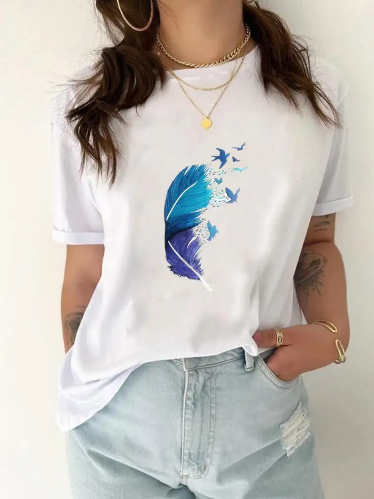 Feather Lovely Style Trend Cute Print T-shirt Top Women Fashion Casual Clothing Female Graphic T Shirt Short Sleeve Tee