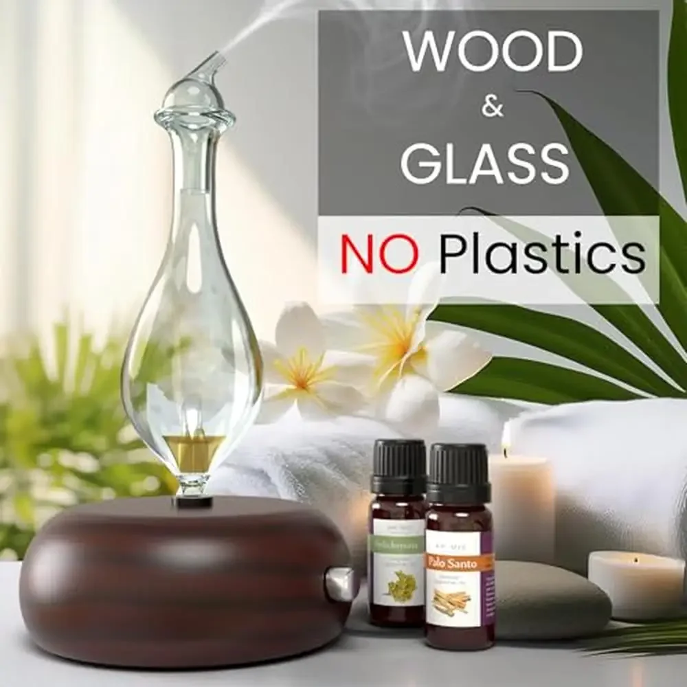 Premium Wood & Glass Essential Oil Nebulizer / Hand-Blown Glass Aromatherapy Diffuser / Professional Grade Waterless Diffuser /