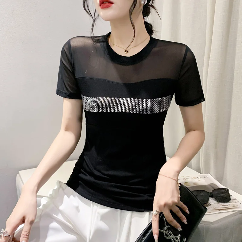 

#5419 Summer Black White Spliced Mesh T Shirt Women Perspective Skinny Short T Shirt Femme Diamonds Sexy Streetwear Tshirt Thin