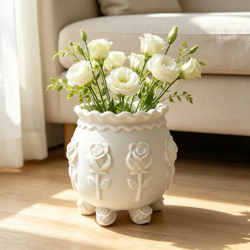 Vintage White Three-Dimensional Rose Relief Vase, Six-Rose Footed Decorative Flower Vessel, High-Aesthetic Tabletop Centerpiece with Wavy Edges, Indoor Tabletop Home Decoration