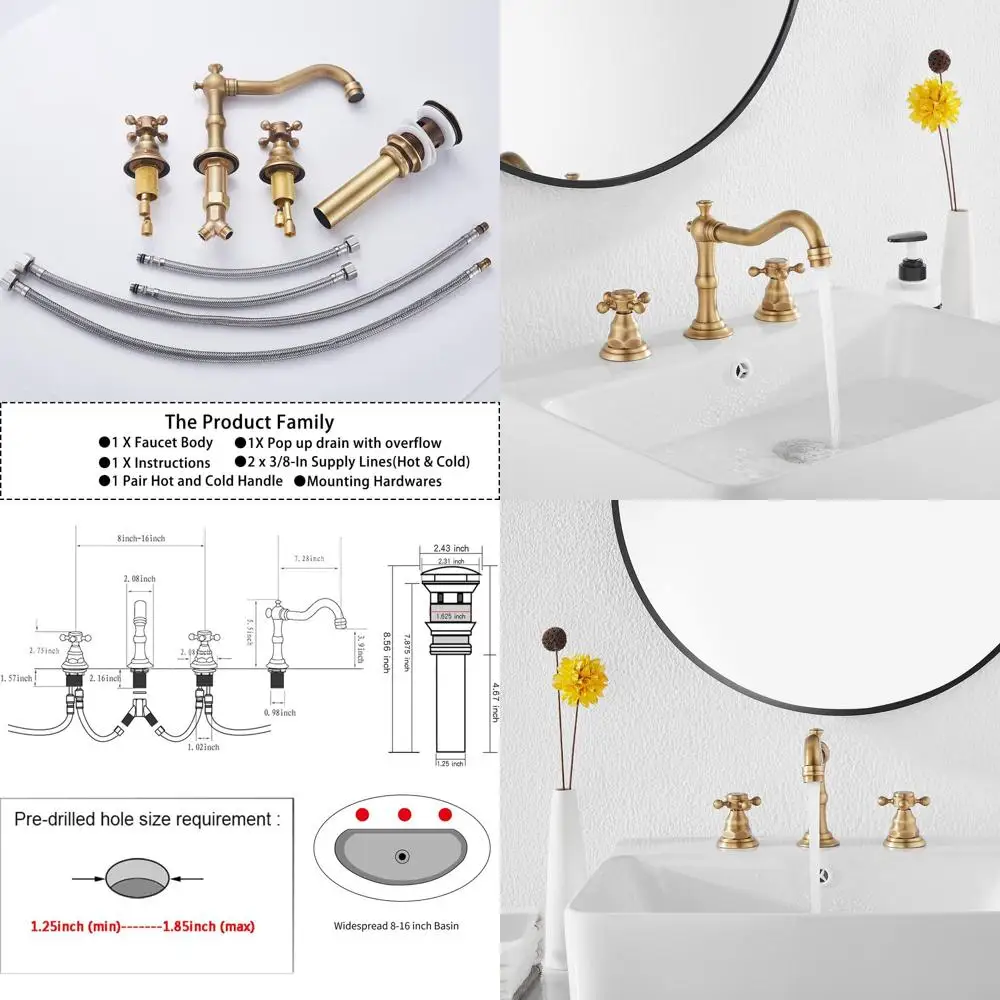 8 صنبور حوض حمام بمقبضين على نطاق واسع من النحاس العتيق مع 3 فتحات، وصرف منبثق وفائض