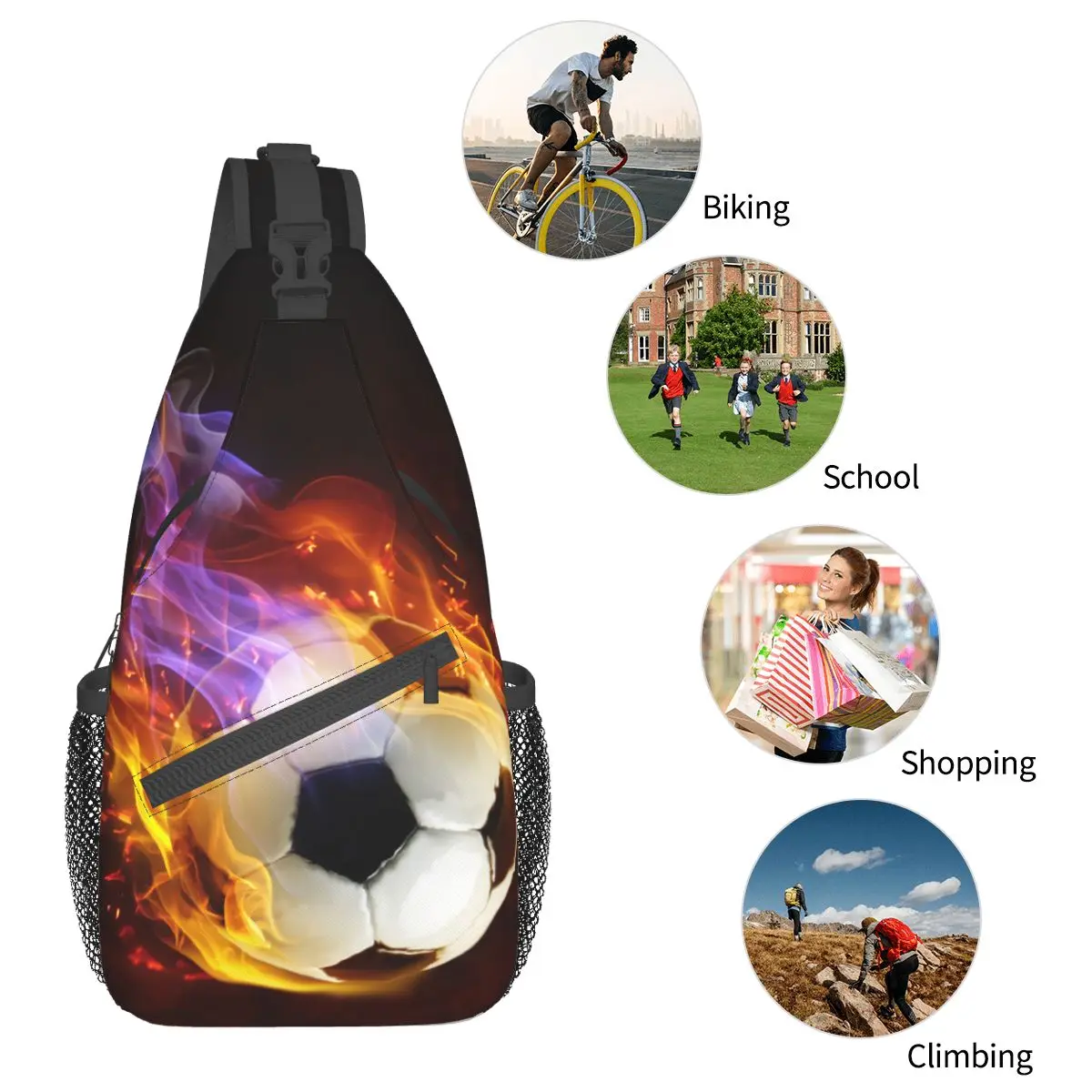 Fire Soccer-bandolera pequeña para el pecho, mochila de hombro para deportes al aire libre, mochilas de día, balones de fútbol, patrón deportivo, Satchel