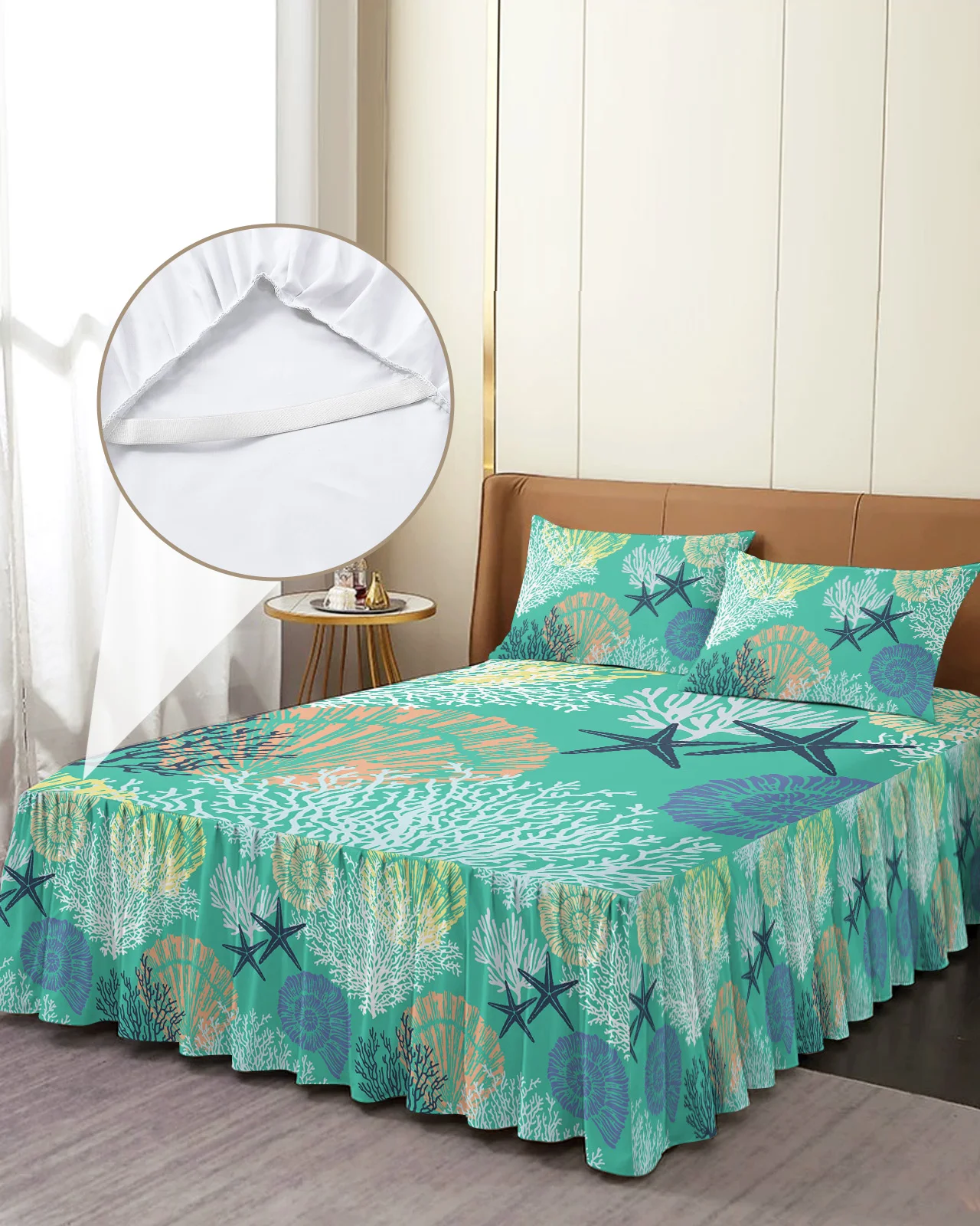 Aqua Green Marine Coral Shell Starfish Bed Skirt Elastic Fitted Bedspread With Pillowcases Mattress Cover Bedding Set Bed Sheet