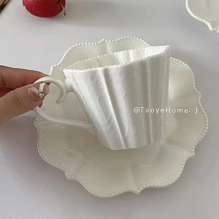French Antique Relief Lace Ceramic Coffee Cup Saucer Latte Cup Afternoon Tea High Appearance Level Middle Age Gift