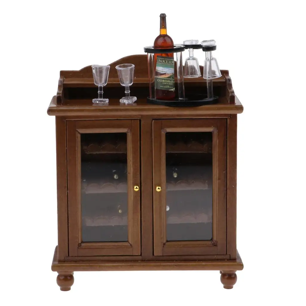 

Dollhouse Furnishings Brown Wooden Cabinet with Rack, Bottles and Cups Goblet, 1/12 Furniture Model Decor