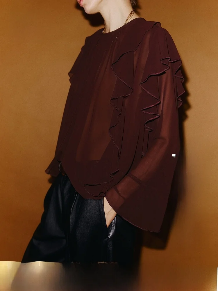 

Hm2026 Summer New Women's See-through Ruffle Top Casual Loose Fit Long Sleeve round Neck Polyester Fiber Shirt